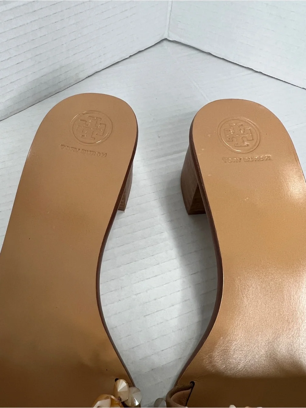 Tory Burch Beaded Rose/Neutral Tan Slide Mules Sandals